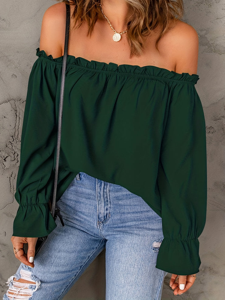 Flirty Off Shoulder Ruffle Trim Blouse - Soft & Flowy Long Sleeve Top for Spring & Fall - Womens Casual Daily Wear