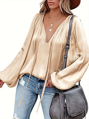 Women's Satin V-Neck Long Sleeve Blouse Casual Lantern Sleeve Top Solid Color Polyester Spandex Blend Woven Shirt for All Seasons