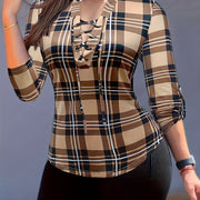 Women's Casual Long Sleeve V Neck Plaid Print Blouse Drawstring Detailing Comfortable Polyester Blend Regular Fit Top