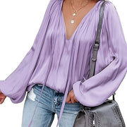 Women's Satin V-Neck Long Sleeve Blouse Casual Lantern Sleeve Top Solid Color Polyester Spandex Blend Woven Shirt for All Seasons