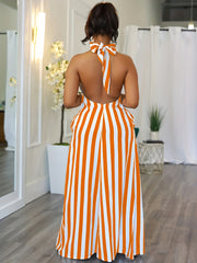 Women's Striped V-neck Halter Dress Backless Design for Spring & Summer Sexy Slip Dress 100% Polyester