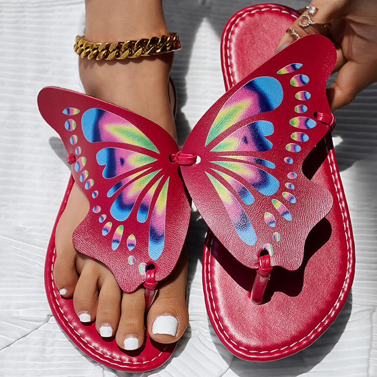 Butterfly Print Round Toe Flip Flops, Comfortable Summer Beach Shoes, Casual Women&
