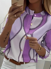 Women's Trendy Boho Chain Print Blouse Rollable Sleeves Stand Collar Durable Non-Sheer Easy Care Top for Spring/Summer/Fall