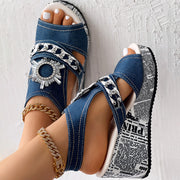 Newspaper Buckle Denim Wedge Slides - Anklet Not Included