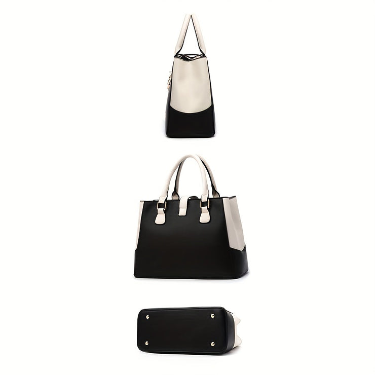 Elegant Double Handle Shoulder Bag for Women with Letter Detail Simple Large Handbag Zippered Removable Strap Work Accessory