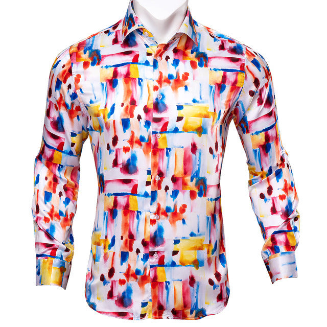 Barry.Wang Teal Paisley Floral Silk  Autumn Long Sleeve Casual Flower Designer Fit Dress Shirt