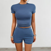 Fluid Apparel Shop Active wear Gray Blue / L Solid Color Slim Sports Suit Summer 2Pcs Short-sleeved Round Neck T-shirt And Elastic Shorts Fashion Womens Clothing