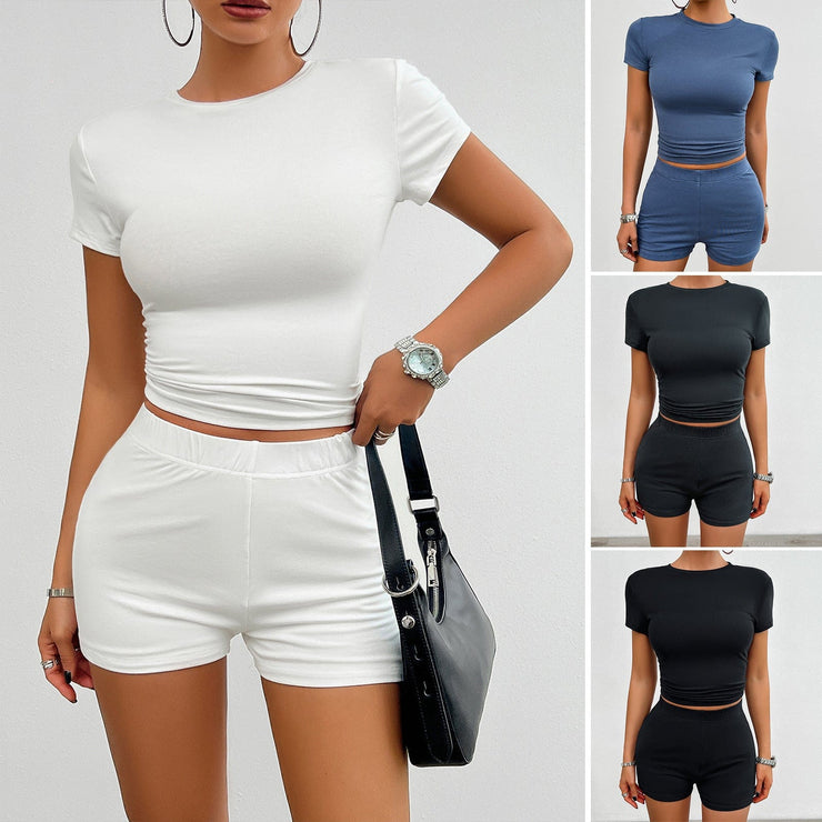 Fluid Apparel Shop Active wear Solid Color Slim Sports Suit Summer 2Pcs Short-sleeved Round Neck T-shirt And Elastic Shorts Fashion Womens Clothing