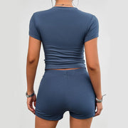 Fluid Apparel Shop Active wear Solid Color Slim Sports Suit Summer 2Pcs Short-sleeved Round Neck T-shirt And Elastic Shorts Fashion Womens Clothing