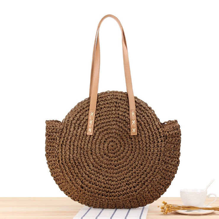 Fluid Apparel Shop Handbags Large dark brown Simple Round Shoulder Bag Straw Handbag Summer Beach Bags