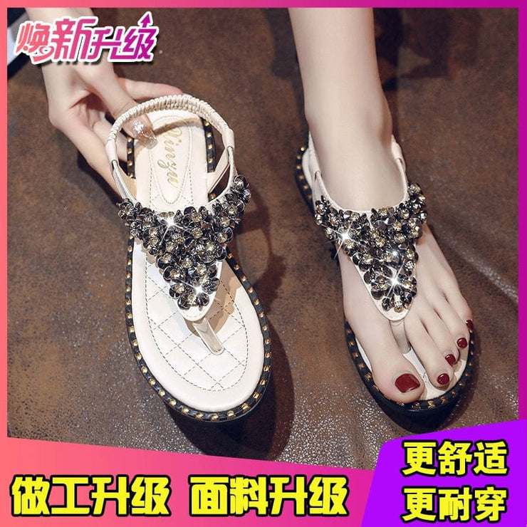 Fluidapparelshop Beige upgraded version of reinforcement does not drop drill / 36 Spring Fashion Flip-Toe Rhinestone Ins Fashionable Sandals