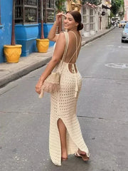 Fluidapparelshop Dresses APRICOT / L Sexy Knit Cut Out Tassel Spaghetti Strap Bodycon Beach Maxi Dress Summer