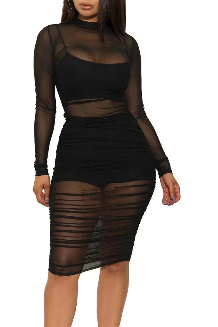 Fluidapparelshop Dresses Black Sets / XL Sexy Mesh See Through Bodycon Ruched Cover Up Set for Women with Camis Shorts 3 Piece Set for Night Club Party