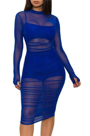 Fluidapparelshop Dresses Blue Sets / XL Sexy Mesh See Through Bodycon Ruched Cover Up Set for Women with Camis Shorts 3 Piece Set for Night Club Party