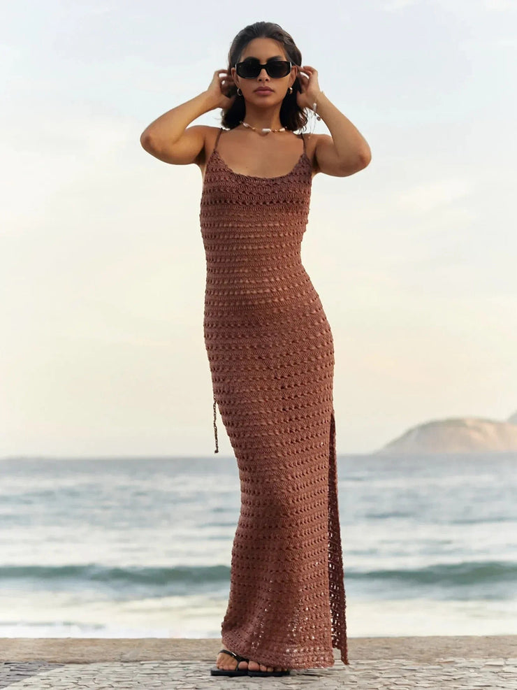 Fluidapparelshop Dresses BROWN / L Sexy Knit Cut Out Tassel Spaghetti Strap Bodycon Beach Maxi Dress Summer