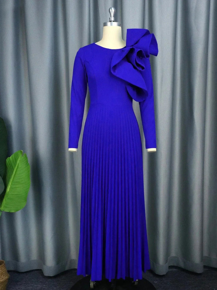 Fluidapparelshop Dresses Elegant Vintage Long Sleeve Applique Dress for Women Modest Pleated A Line Robe with Ruffle Swing for Evening Party