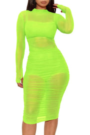 Fluidapparelshop Dresses Neno Green Sets / XL Sexy Mesh See Through Bodycon Ruched Cover Up Set for Women with Camis Shorts 3 Piece Set for Night Club Party