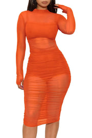 Fluidapparelshop Dresses Orange Sets / S Sexy Mesh See Through Bodycon Ruched Cover Up Set for Women with Camis Shorts 3 Piece Set for Night Club Party