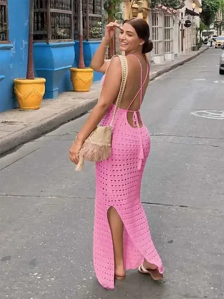 Fluidapparelshop Dresses PINK / M Sexy Knit Cut Out Tassel Spaghetti Strap Bodycon Beach Maxi Dress Summer