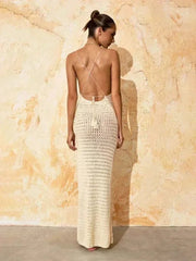 Fluidapparelshop Dresses Sexy Knit Cut Out Tassel Spaghetti Strap Bodycon Beach Maxi Dress Summer