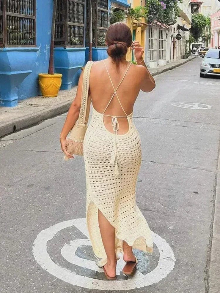 Fluidapparelshop Dresses Sexy Knit Cut Out Tassel Spaghetti Strap Bodycon Beach Maxi Dress Summer