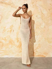 Fluidapparelshop Dresses Sexy Knit Cut Out Tassel Spaghetti Strap Bodycon Beach Maxi Dress Summer