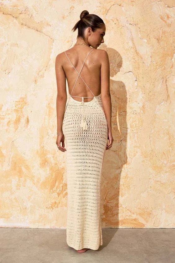 Fluidapparelshop Dresses Sexy Knit Cut Out Tassel Spaghetti Strap Bodycon Beach Maxi Dress Summer