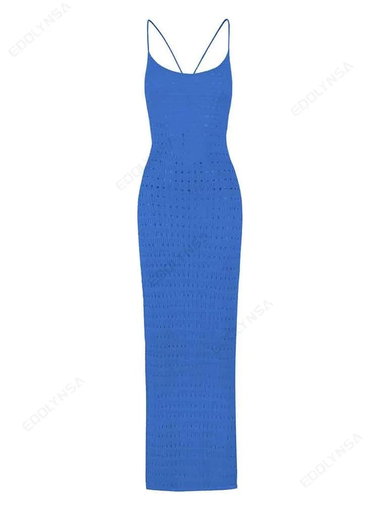 Fluidapparelshop Dresses Sexy Knit Cut Out Tassel Spaghetti Strap Bodycon Beach Maxi Dress Summer