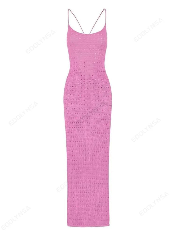 Fluidapparelshop Dresses Sexy Knit Cut Out Tassel Spaghetti Strap Bodycon Beach Maxi Dress Summer