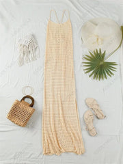 Fluidapparelshop Dresses Sexy Knit Cut Out Tassel Spaghetti Strap Bodycon Beach Maxi Dress Summer