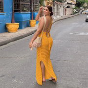 Fluidapparelshop Dresses Sexy Knit Cut Out Tassel Spaghetti Strap Bodycon Beach Maxi Dress Summer