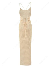 Fluidapparelshop Dresses Sexy Knit Cut Out Tassel Spaghetti Strap Bodycon Beach Maxi Dress Summer