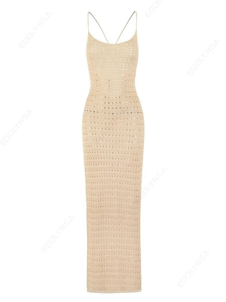 Fluidapparelshop Dresses Sexy Knit Cut Out Tassel Spaghetti Strap Bodycon Beach Maxi Dress Summer