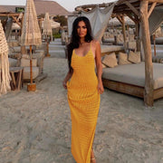 Fluidapparelshop Dresses Sexy Knit Cut Out Tassel Spaghetti Strap Bodycon Beach Maxi Dress Summer