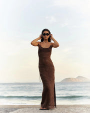 Fluidapparelshop Dresses Sexy Knit Cut Out Tassel Spaghetti Strap Bodycon Beach Maxi Dress Summer