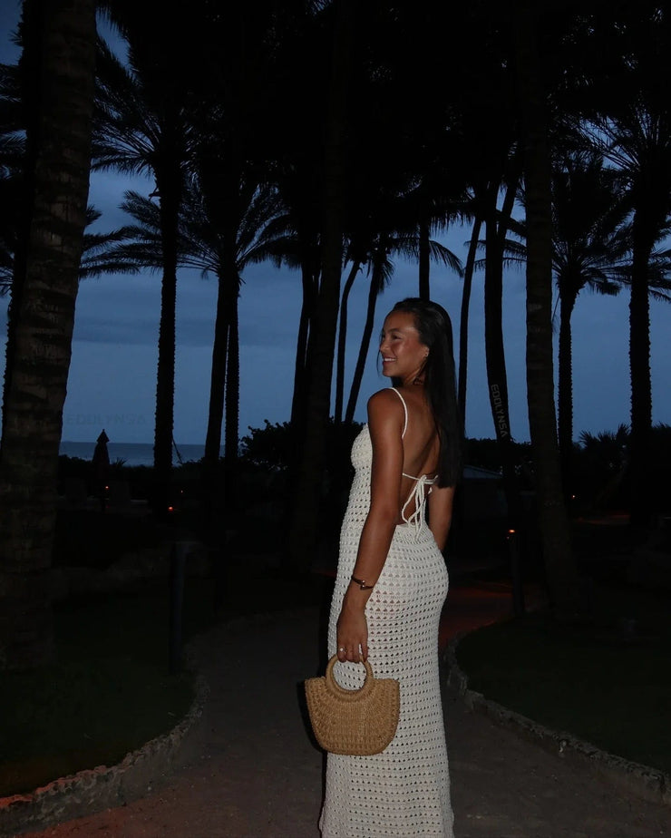 Fluidapparelshop Dresses Sexy Knit Cut Out Tassel Spaghetti Strap Bodycon Beach Maxi Dress Summer