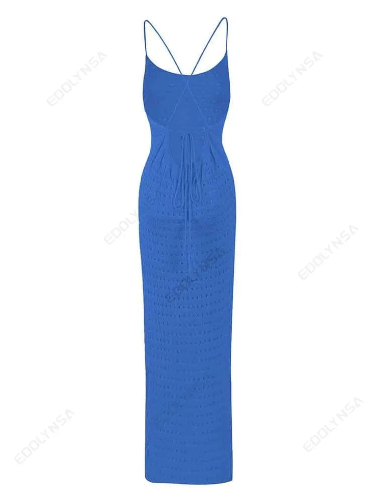 Fluidapparelshop Dresses Sexy Knit Cut Out Tassel Spaghetti Strap Bodycon Beach Maxi Dress Summer