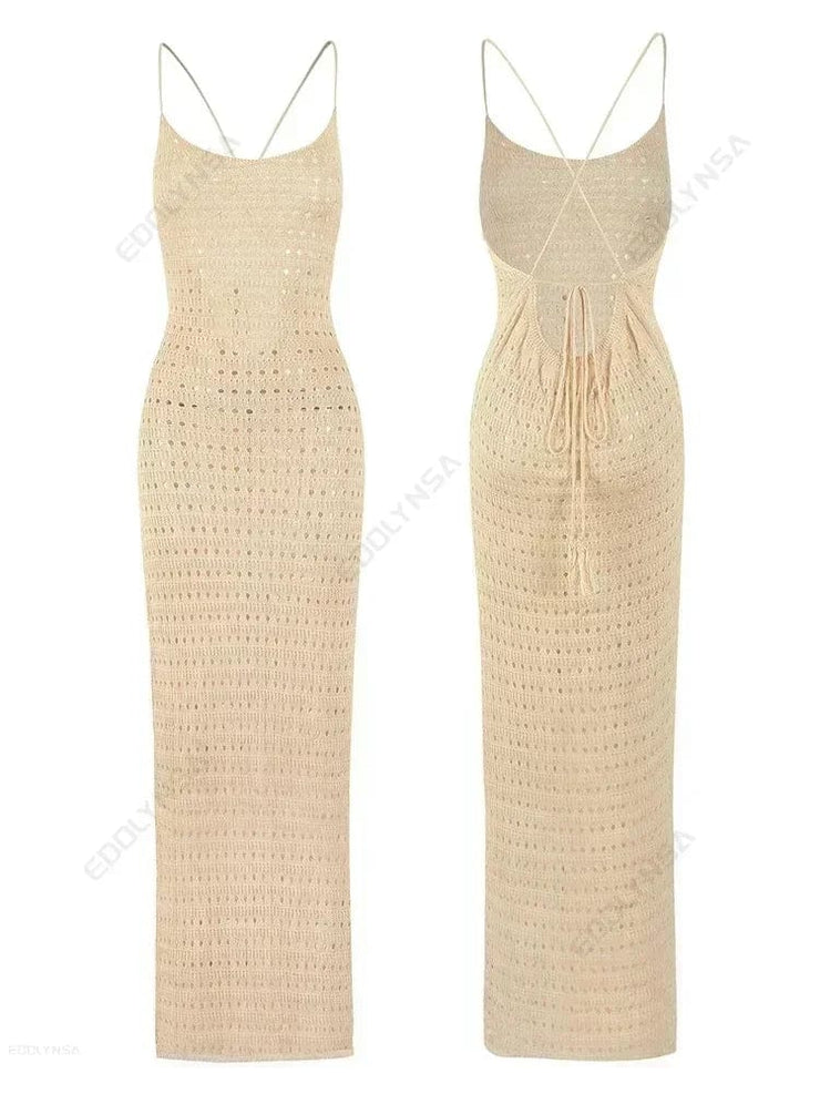 Fluidapparelshop Dresses Sexy Knit Cut Out Tassel Spaghetti Strap Bodycon Beach Maxi Dress Summer