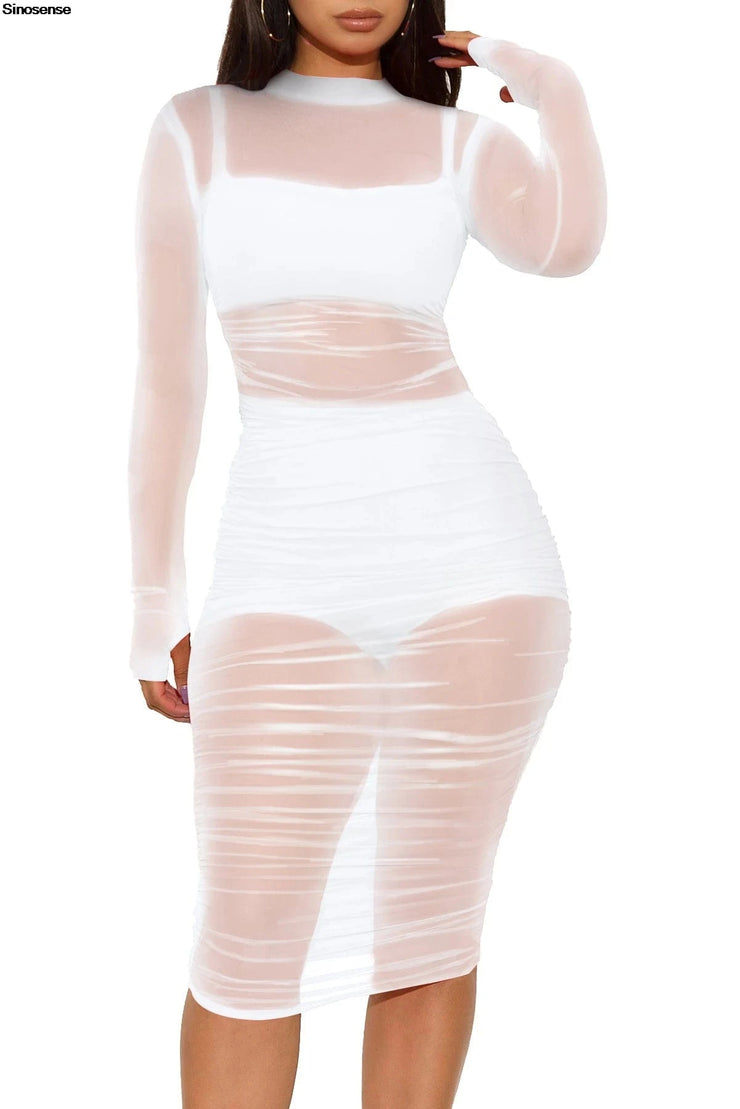 Fluidapparelshop Dresses Sexy Mesh See Through Bodycon Ruched Cover Up Set for Women with Camis Shorts 3 Piece Set for Night Club Party