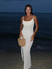 Fluidapparelshop Dresses WHITE / L Sexy Knit Cut Out Tassel Spaghetti Strap Bodycon Beach Maxi Dress Summer