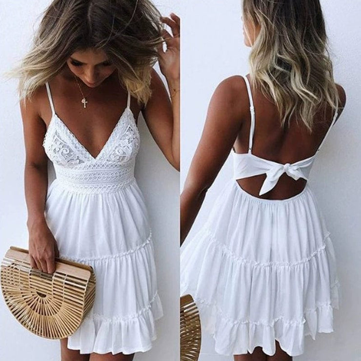 fluidapparelshop Dresses White / XL Women Lace-up Patchwork Lace  Deep V Strap Skirt Open Back Dress