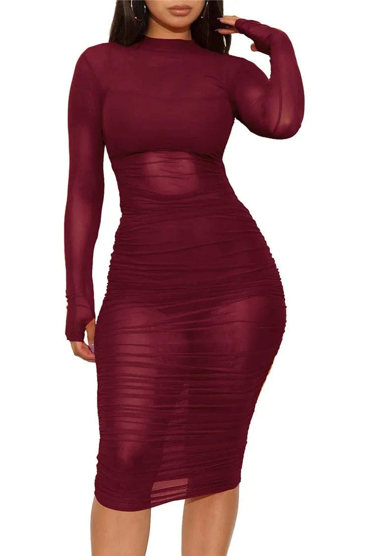 Fluidapparelshop Dresses Wine Red Sets / XL Sexy Mesh See Through Bodycon Ruched Cover Up Set for Women with Camis Shorts 3 Piece Set for Night Club Party