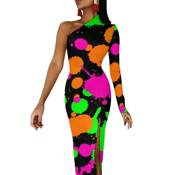 Fluidapparelshop Dresses Women Graffiti Splatter Print Party Summer Long Sleeve Sexy Bodycon Dresses