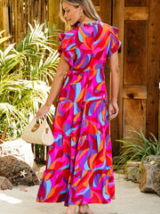 Fluidapparelshop Dresses Women Summer Abstract Printing Smocking Short Sleeve Dress