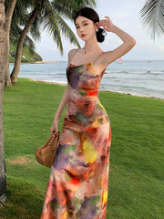 Fluidapparelshop Dresses Women Summer Oil Painting  Retro Beautiful Beach Vest Dress