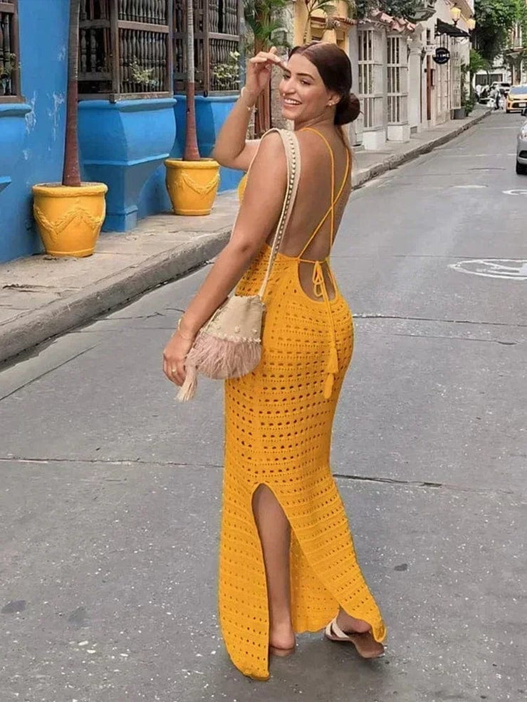 Fluidapparelshop Dresses YELLOW / L Sexy Knit Cut Out Tassel Spaghetti Strap Bodycon Beach Maxi Dress Summer