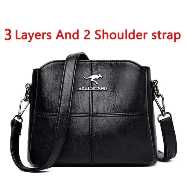 Fluidapparelshop Handbag 3 Layers Black Large Capacity Soft Leather Women&