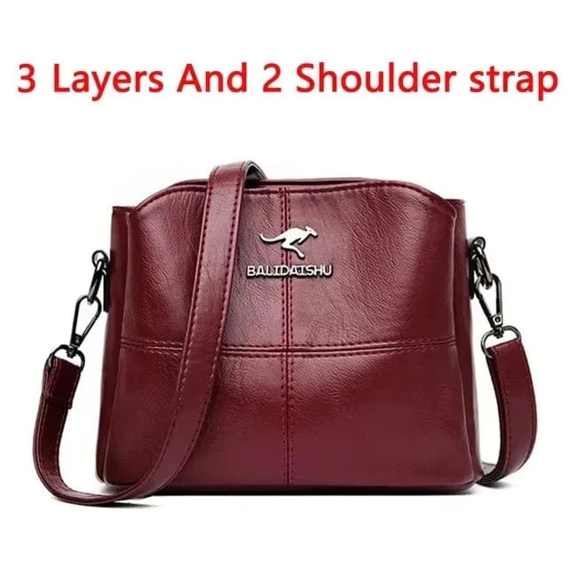 Fluidapparelshop Handbag 3 Layers Burgundy Large Capacity Soft Leather Women&