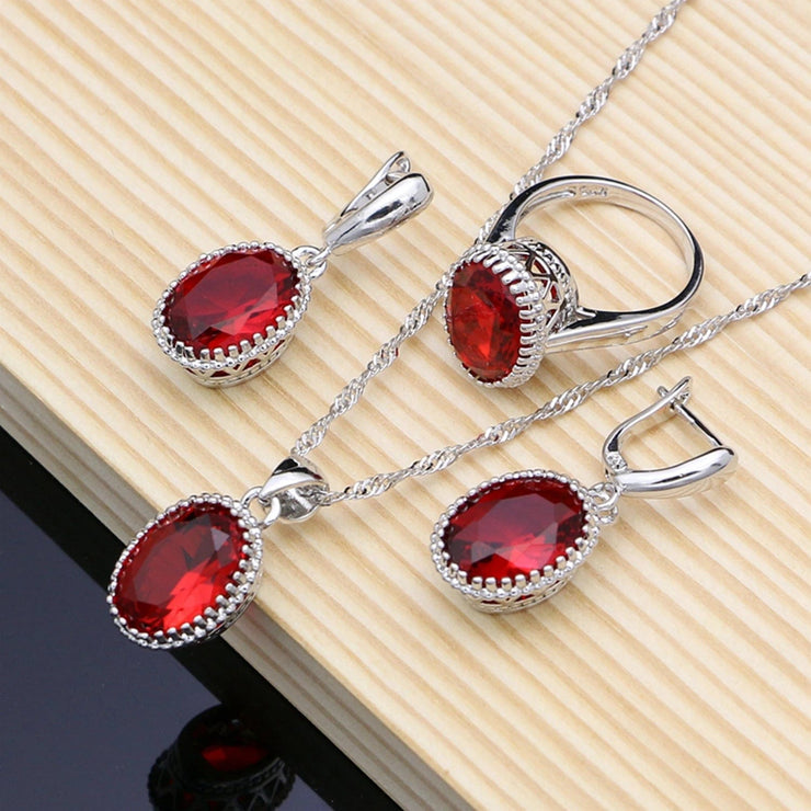 Fluidapparelshop Necklace Set 3 PCS / 9 Ruby Red 925 Silver Jewelry Set Birthstone  Earrings/Pendant/Necklace/Rings/Bracelet Festival Valentine&