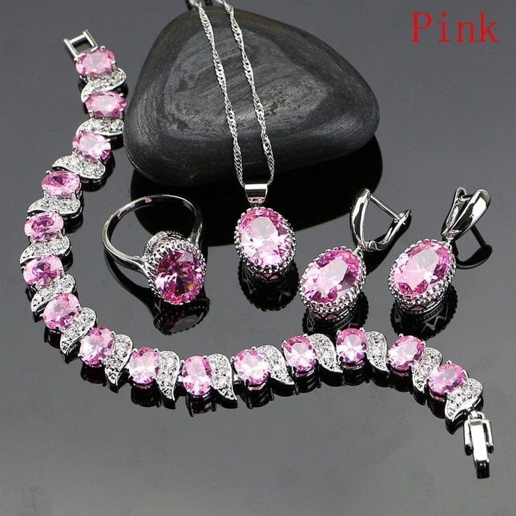 Fluidapparelshop Necklace Set Pink / 8 Ruby Red 925 Silver Jewelry Set Birthstone  Earrings/Pendant/Necklace/Rings/Bracelet Festival Valentine&